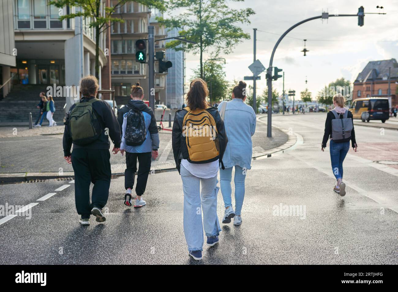Back view, people on green traffic light cross road at pedestrian ...