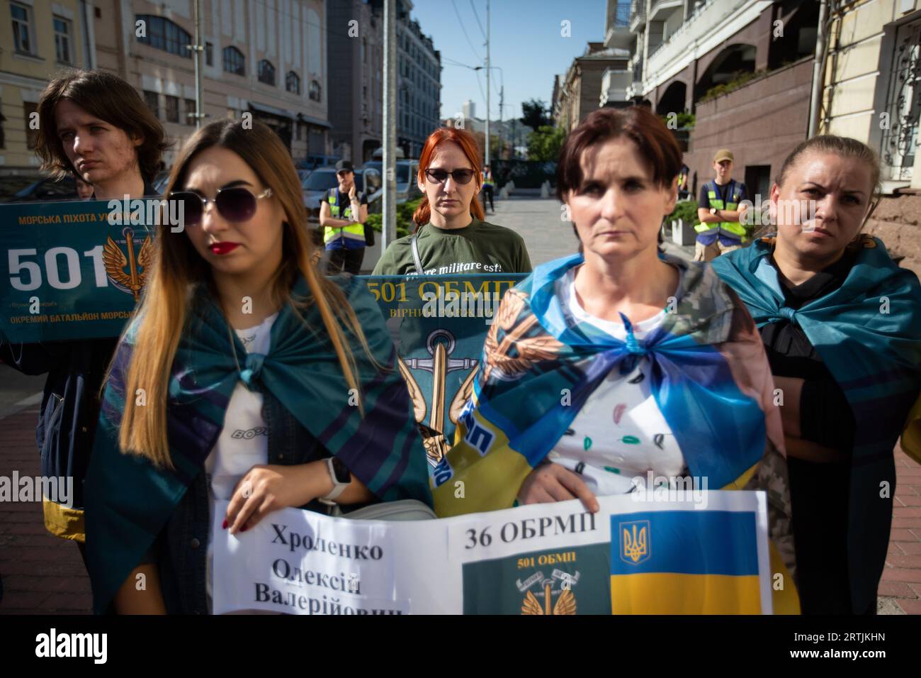 Kyiv, Ukraine. 12th Sep, 2023. Relatives of Ukrainian prisoners of war take part during a rally demanding an acceleration of the exchange of prisoners near the building of the coordination headquarters for the treatment of prisoners of war in Kyiv. (Photo by Oleksii Chumachenko/SOPA Images/Sipa USA) Credit: Sipa USA/Alamy Live News Stock Photo