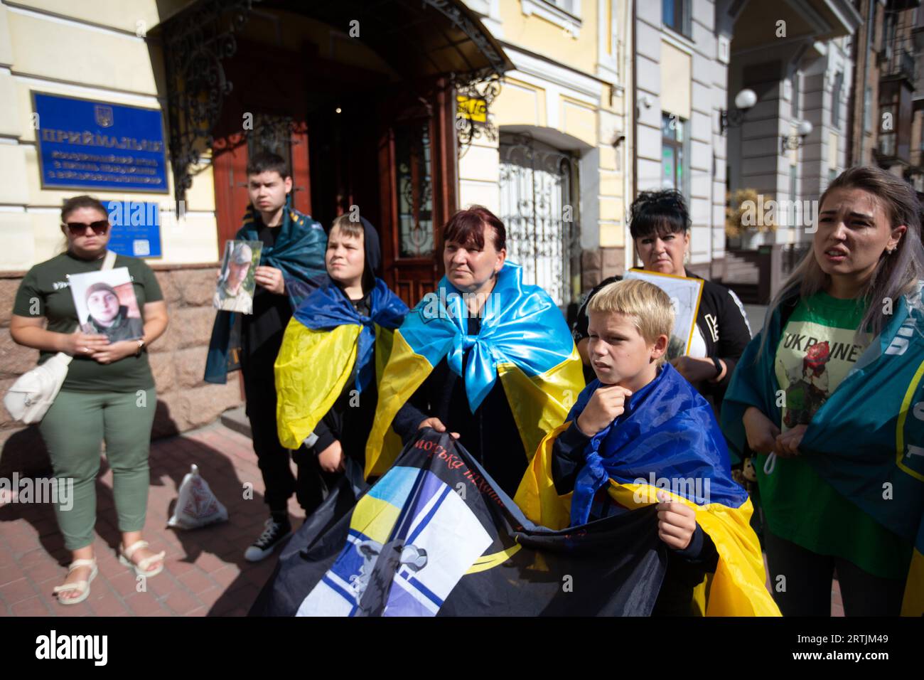 Kyiv, Ukraine. 12th Sep, 2023. Relatives of Ukrainian prisoners of war take part during a rally demanding an acceleration of the exchange of prisoners near the building of the coordination headquarters for the treatment of prisoners of war in Kyiv. (Photo by Oleksii Chumachenko/SOPA Images/Sipa USA) Credit: Sipa USA/Alamy Live News Stock Photo