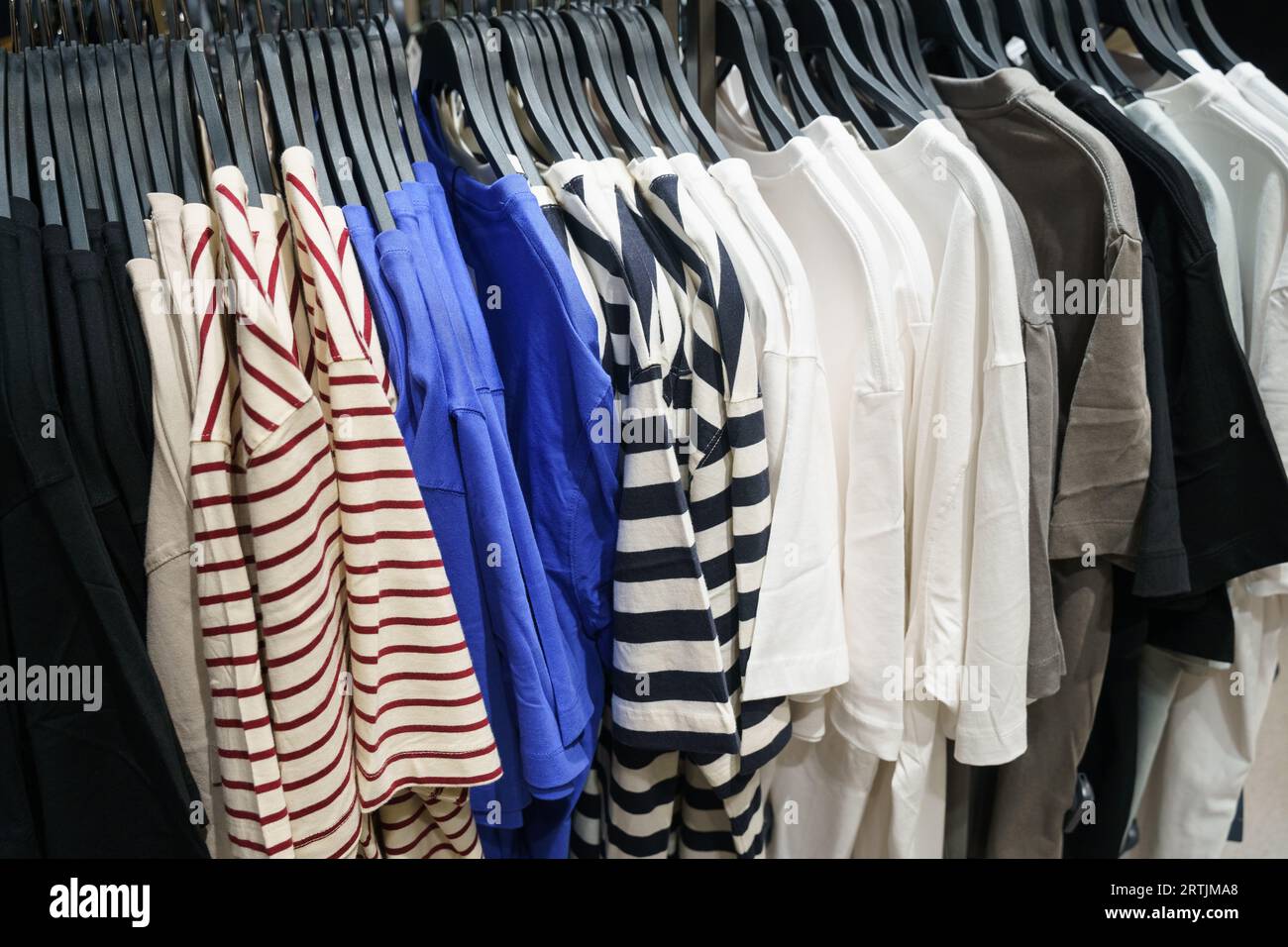 Minimalistic Fashion Illustration: Sweater, Shirt, and T-shirt Hanging on Clothing  Rack