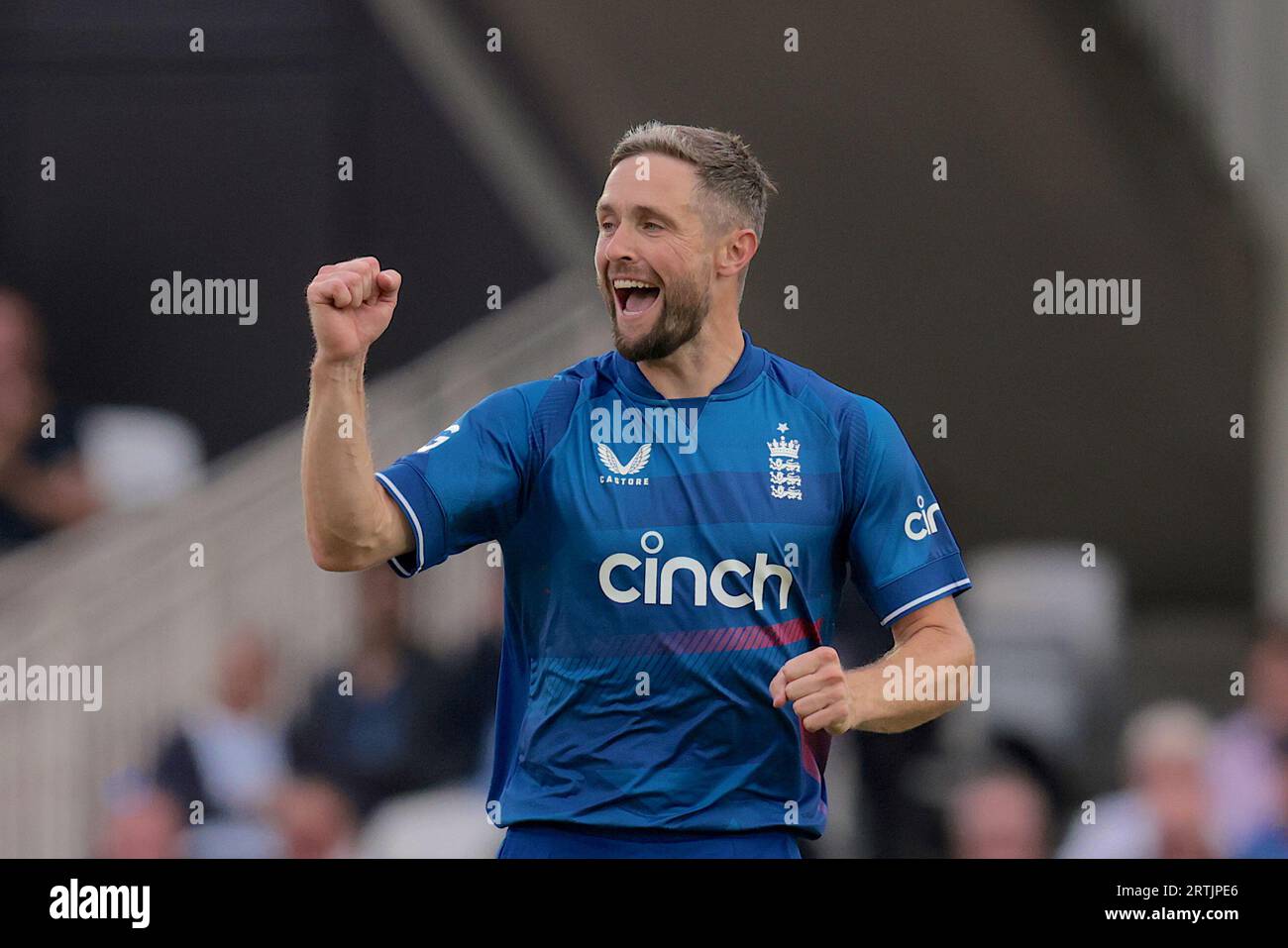 London, UK. 13th Sep, 2023. England's Chris Woakes celebrates after getting the wicket of New Zealand's Henry Nicholls as England take on New Zealand in the 3rd Metro Bank One Day International at The Kia Oval Credit: David Rowe/Alamy Live News Stock Photo