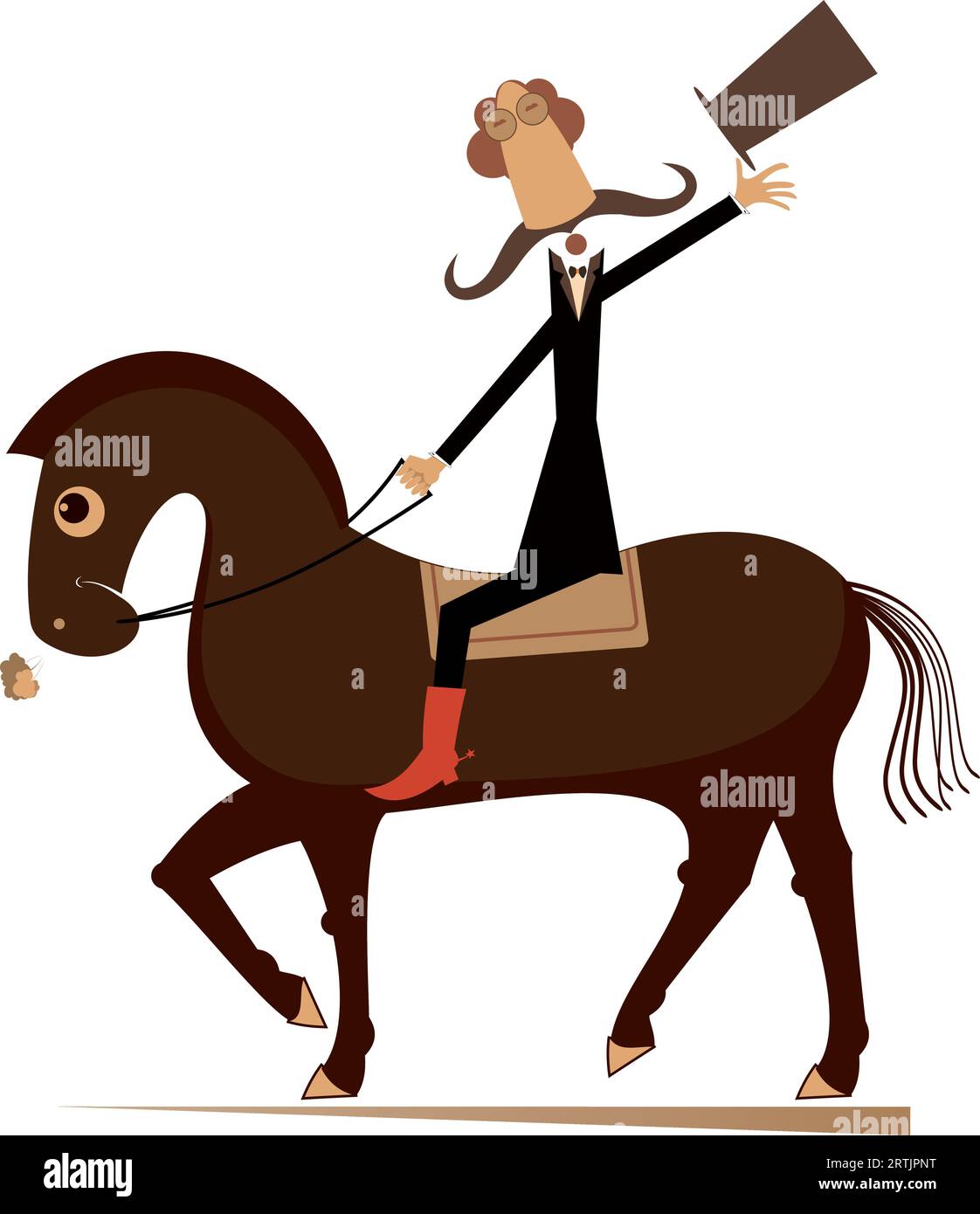 Cute horseback riding man in the top hat. Cartoon long mustache man in