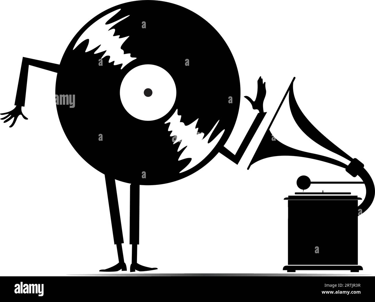 Cartoon long playing record standing near retro record player. Black