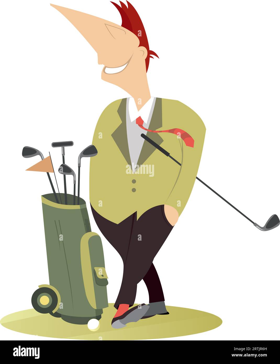 Smiling golfer on the golf court. Golfer man with a golf bag full of