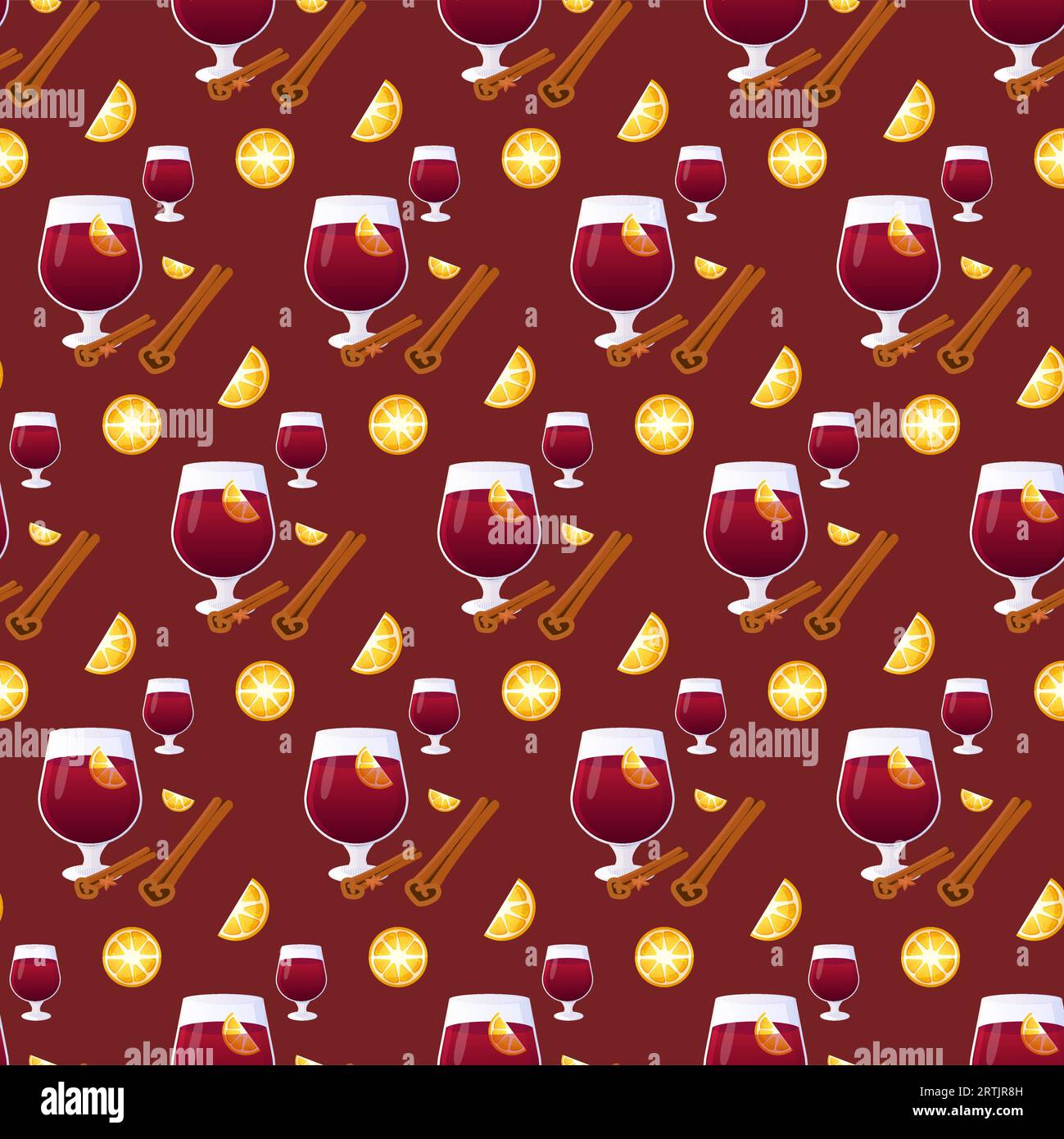 Seamless pattern with wine, mulled wine and lemon and cinnamon. Vector illustration Stock Vector