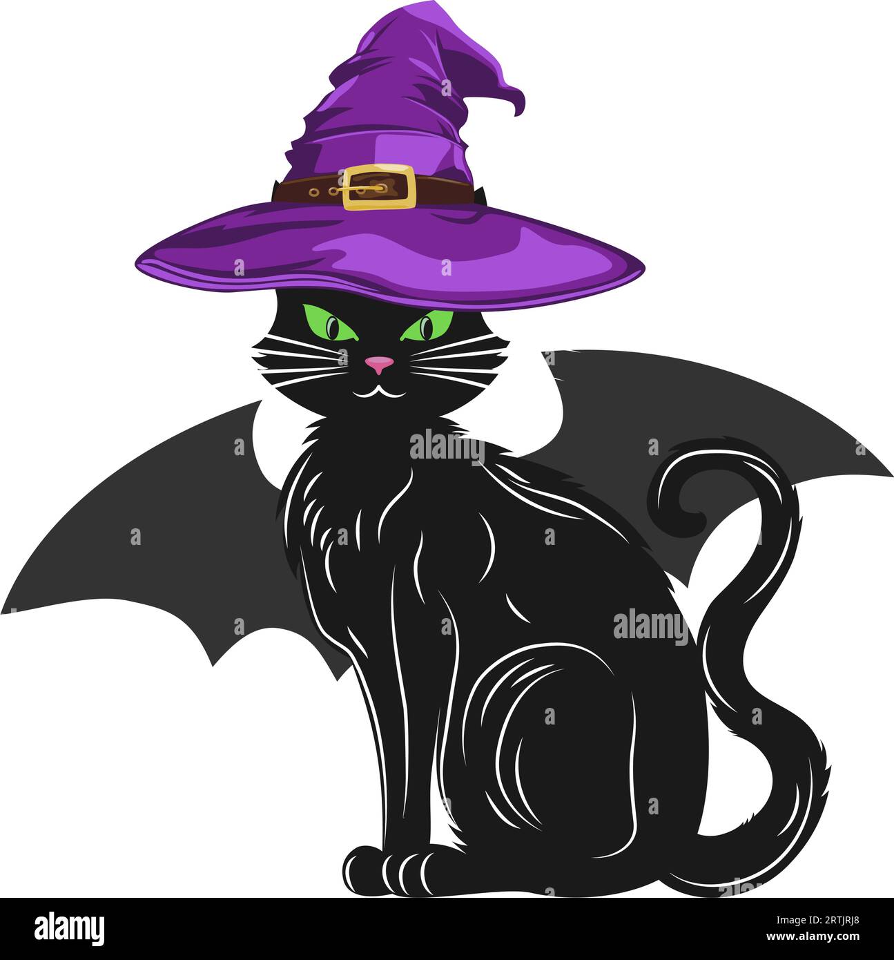 A black cat wearing a purple witch hat and wings. Cute animal. Vector