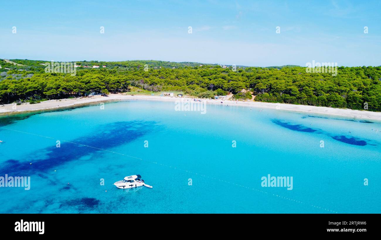 An aerial view of Sakarun beach, a sandy beach in Veli Rat, Croatia. Stock Photo