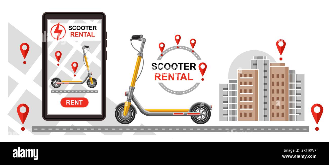 Electric kick scooter rental, online rent push e-scooter mobile phone app, electro motor bike transport sharing service. GPS map route tracking Vector Stock Vector