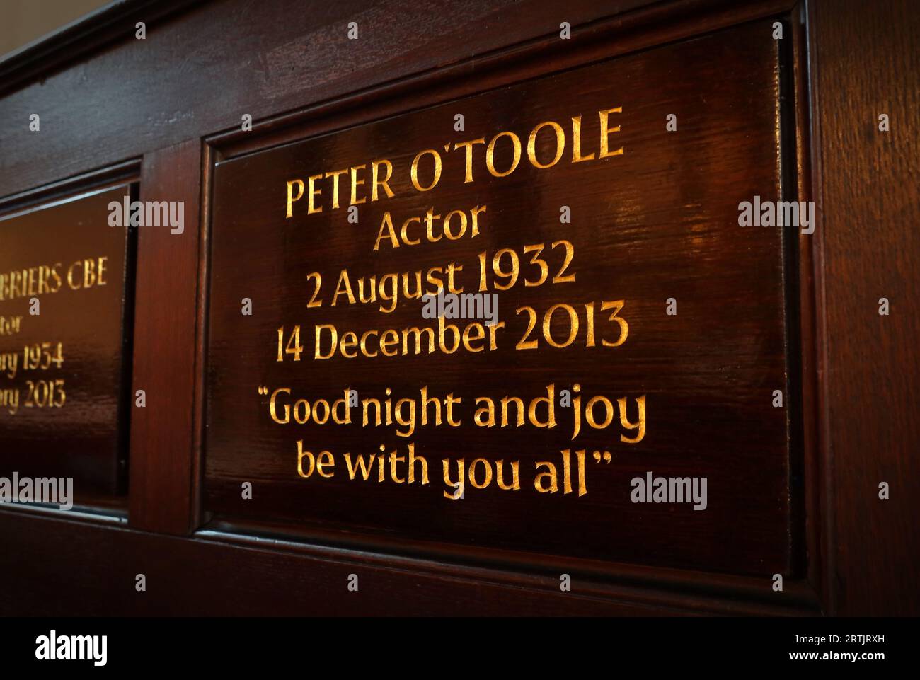 Peter O'Toole memorial 1932-2013 at St Pauls, The Actors Church, Bedford St, Covent Garden, London, England, UK, WC2E 9ED Stock Photo