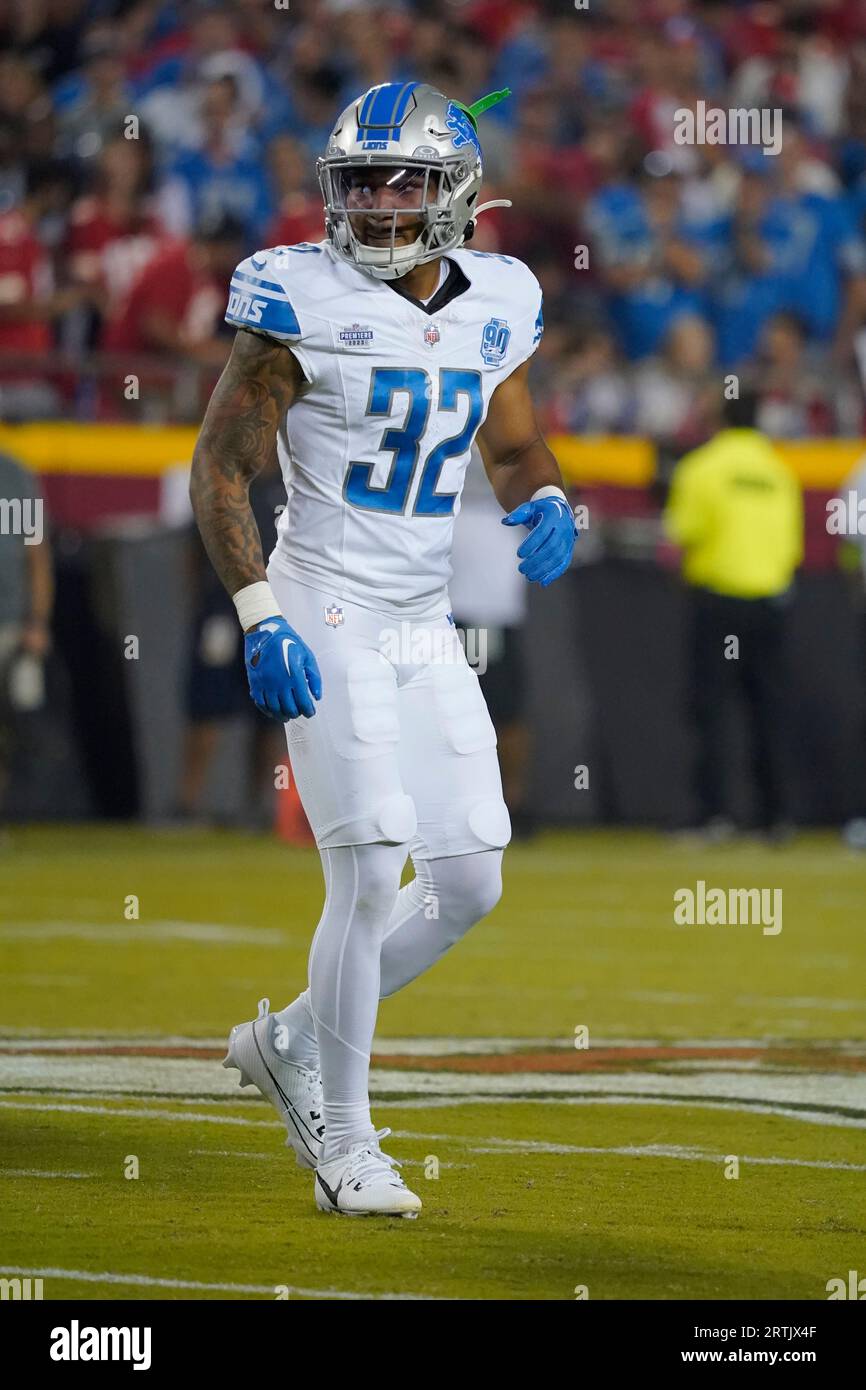 Detroit Lions safety Brian Branch (32) in action during an NFL football game  against the Kansas City Chiefs Thursday, Sept. 7, 2023, in Kansas City, Mo.  (AP Photo/Ed Zurga Stock Photo - Alamy