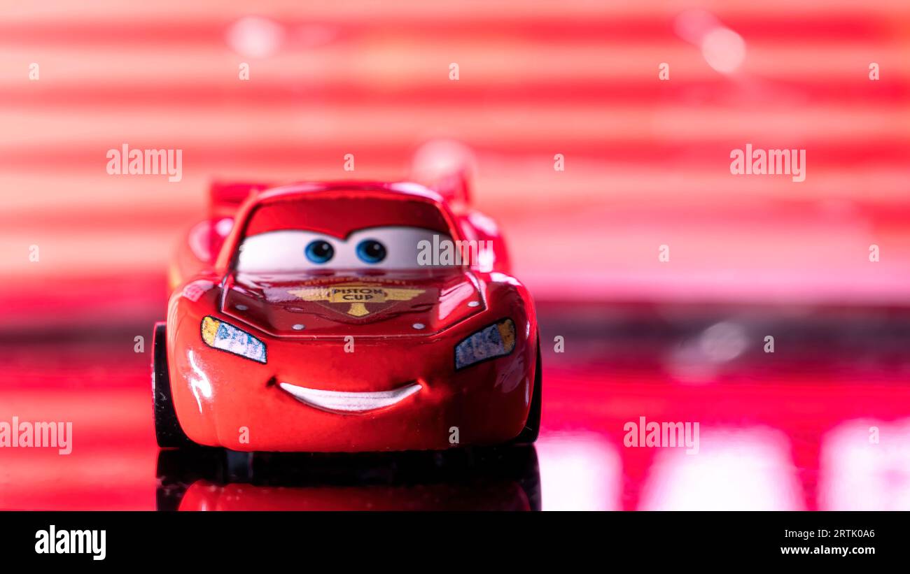 Madrid, Spain; 08-15-2023: Toy car named Lightning McQueen from the famous Pixar Cars franchise Stock Photo