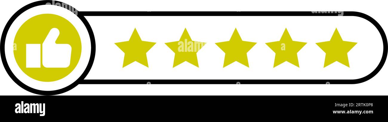 Five Star Rating with thumbs up icon. Rating stars badges customer positive feedback for quality service. Rate us speech bubble User Satisfaction Rati Stock Vector