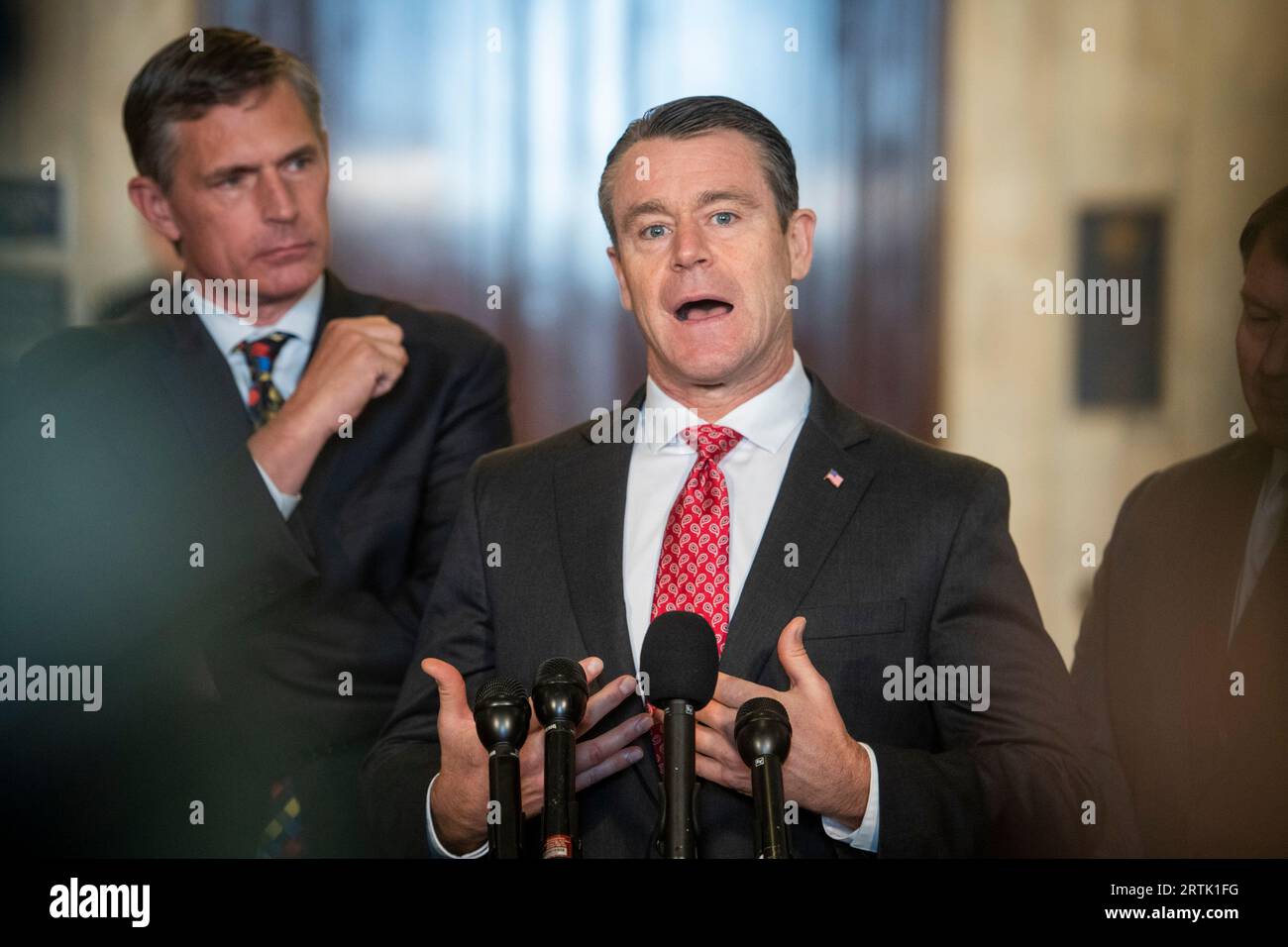 Washington, United States Of America. 13th Sep, 2023. United States Senator Todd Young (Republican of Indiana), center, is flanked by United States Senator Martin Heinrich (Democrat of New Mexico), left, and United States Senator Mike Rounds (Republican of South Dakota), right, as he offers remarks at press briefing during the United States Senate Bipartisan Artificial Intelligence (AI) Forum in the Kennedy Caucus Room on Capitol Hill in Washington, DC on Wednesday, September 13, 2023.Credit: Rod Lamkey/CNP/Sipa USA Credit: Sipa USA/Alamy Live News Stock Photo