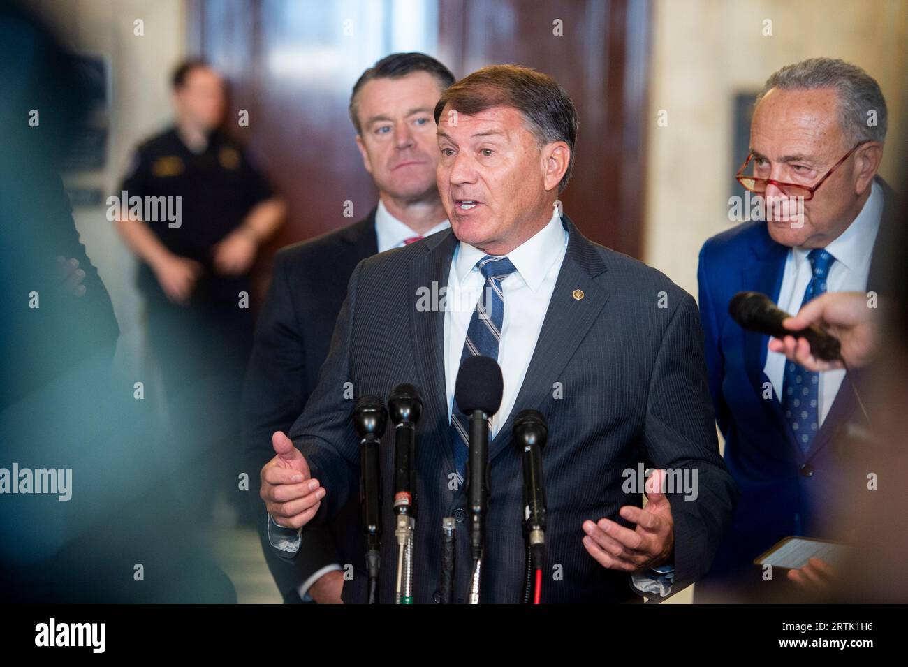 Washington, United States Of America. 13th Sep, 2023. United States Senator Mike Rounds (Republican of South Dakota) offers remarks at a press briefing during the United States Senate Bipartisan Artificial Intelligence (AI) Forum in the Kennedy Caucus Room on Capitol Hill in Washington, DC on Wednesday, September 13, 2023.Credit: Rod Lamkey/CNP/Sipa USA Credit: Sipa USA/Alamy Live News Stock Photo