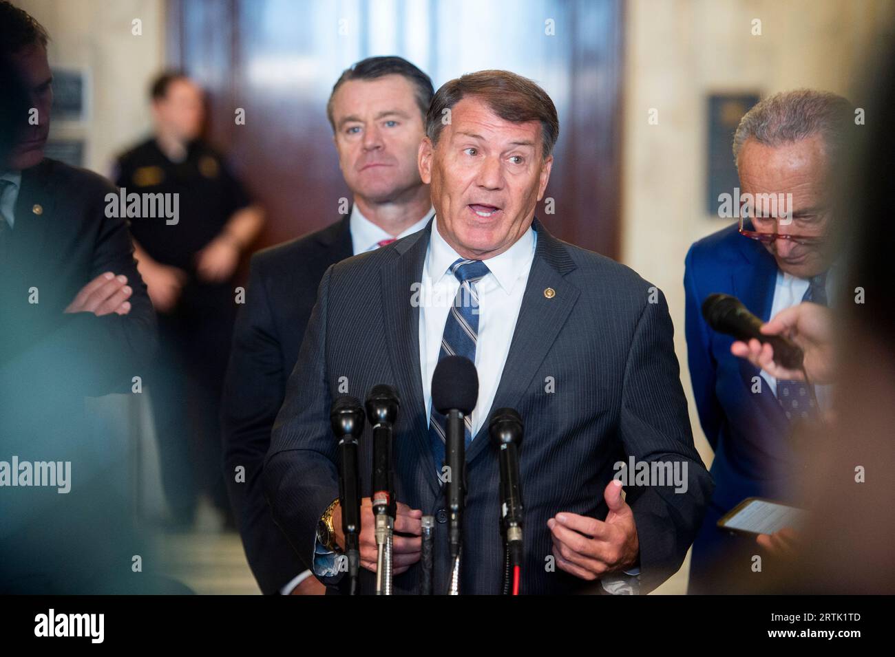 Washington, United States Of America. 13th Sep, 2023. United States Senator Mike Rounds (Republican of South Dakota) offers remarks at a press briefing during the United States Senate Bipartisan Artificial Intelligence (AI) Forum in the Kennedy Caucus Room on Capitol Hill in Washington, DC on Wednesday, September 13, 2023.Credit: Rod Lamkey/CNP/Sipa USA Credit: Sipa USA/Alamy Live News Stock Photo