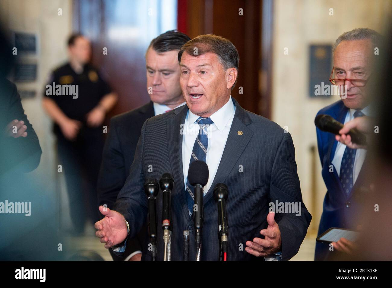 Washington, United States Of America. 13th Sep, 2023. United States Senator Mike Rounds (Republican of South Dakota) offers remarks at a press briefing during the United States Senate Bipartisan Artificial Intelligence (AI) Forum in the Kennedy Caucus Room on Capitol Hill in Washington, DC on Wednesday, September 13, 2023.Credit: Rod Lamkey/CNP/Sipa USA Credit: Sipa USA/Alamy Live News Stock Photo