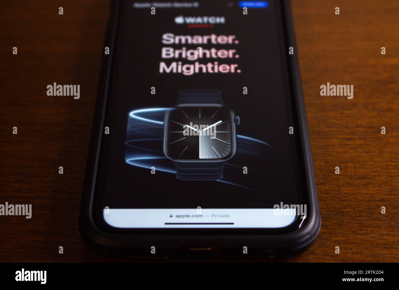 Official website of Apple Watch Series 9 seen in iPhone. The Apple Watch Series 9 is the successor to the Apple Watch 8 and features the new S9 chip Stock Photo