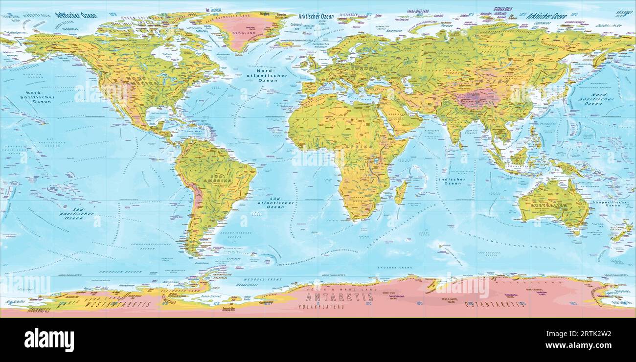 World Map Physical German Language Version Equirectangular projection