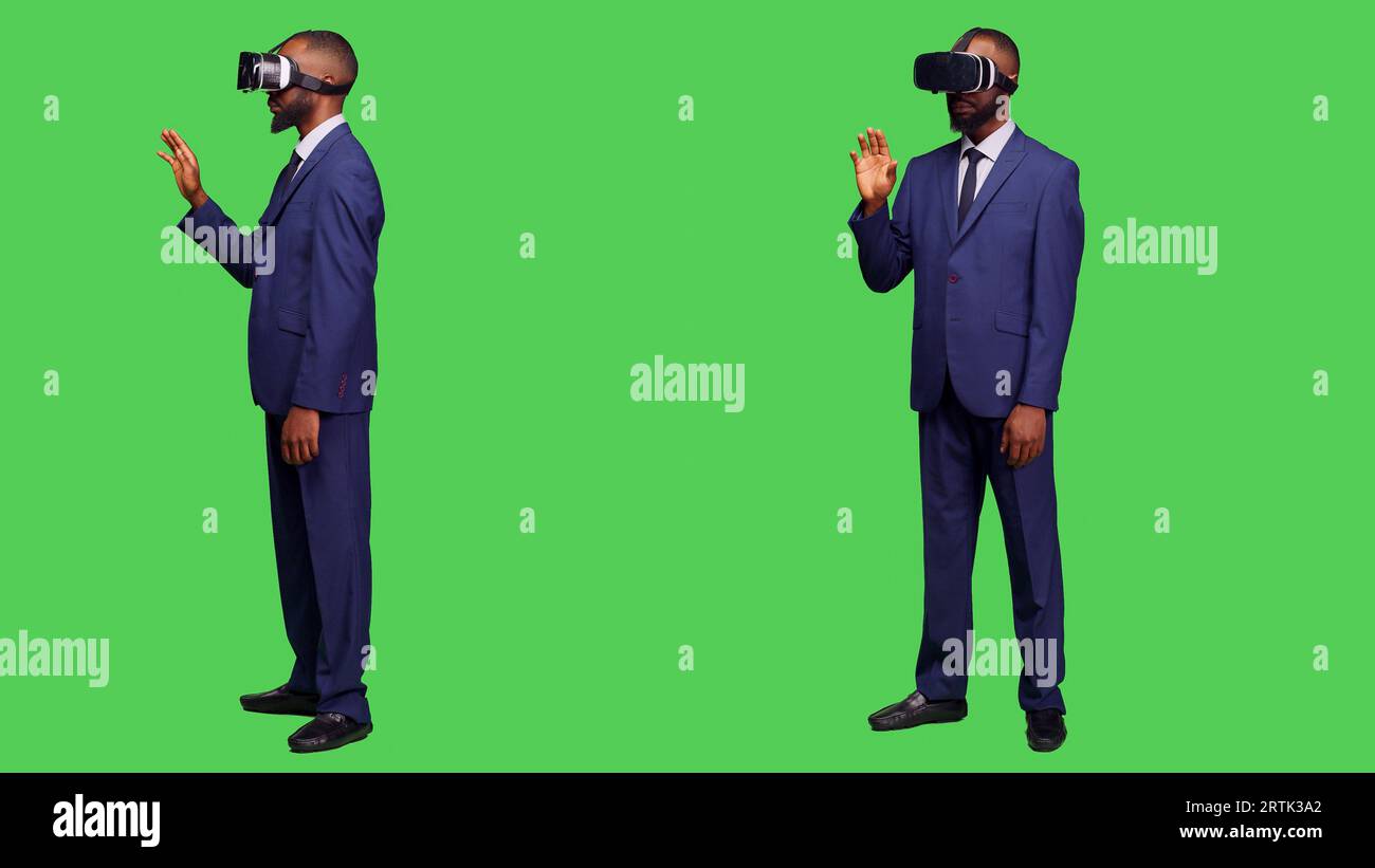 Corporate employee using vr headset on camera, working with virtual ...