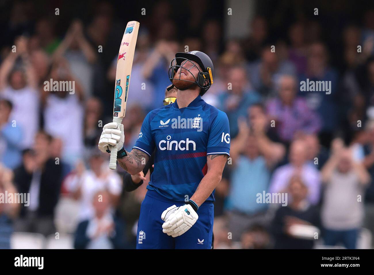 London, UK. 13th Sep, 2023. England's Ben Stokes reaches his century as England take on New Zealand in the 3rd Metro Bank One Day International at The Kia Oval Credit: David Rowe/Alamy Live News Stock Photo