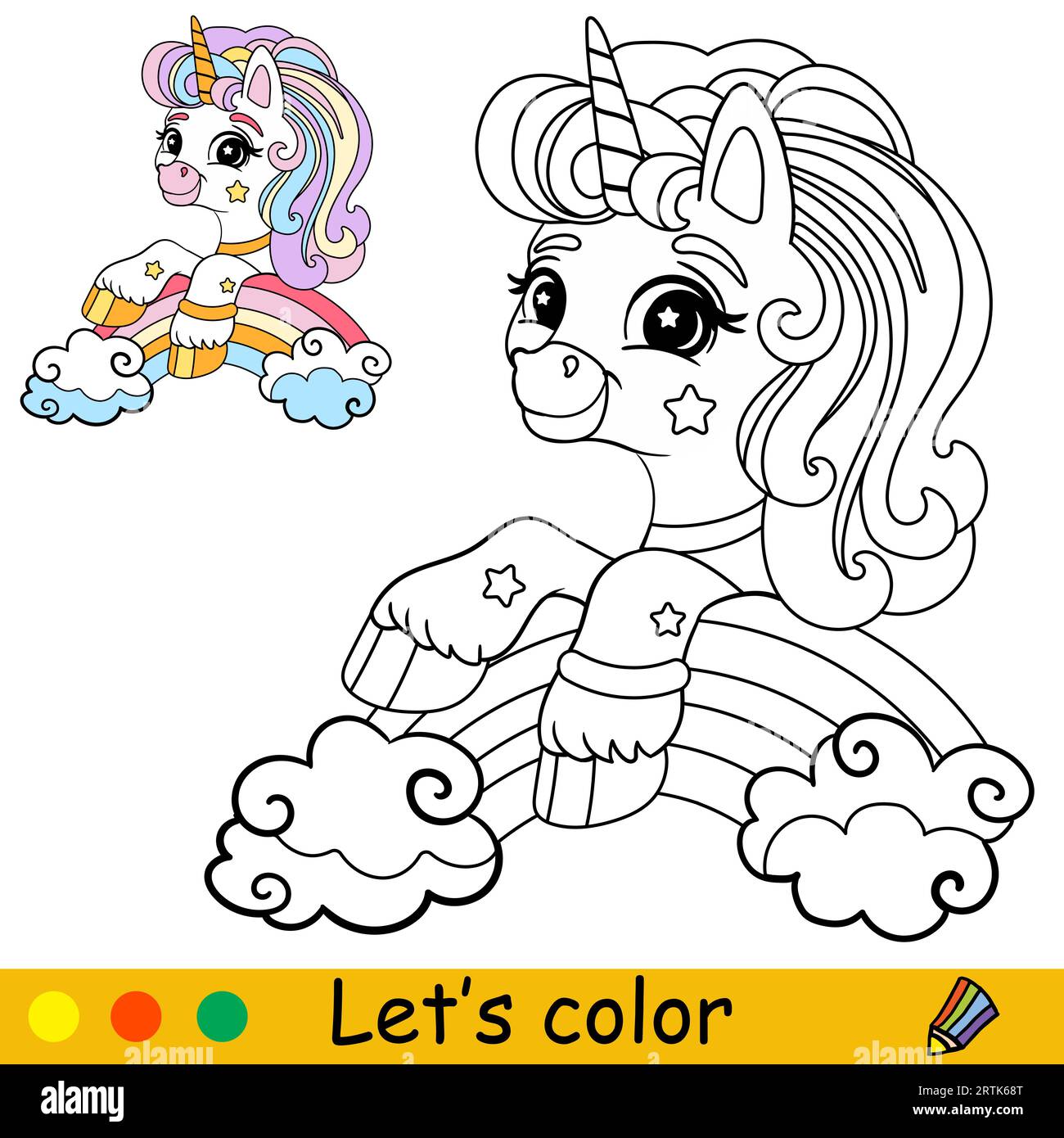 Cartoon cute unicorn sitting on the rainbow. Coloring book page ...