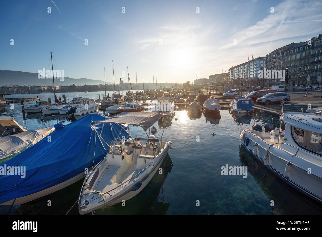 Pier with Boats at Lake Geneva - Geneva, Switzerland Stock Photo
