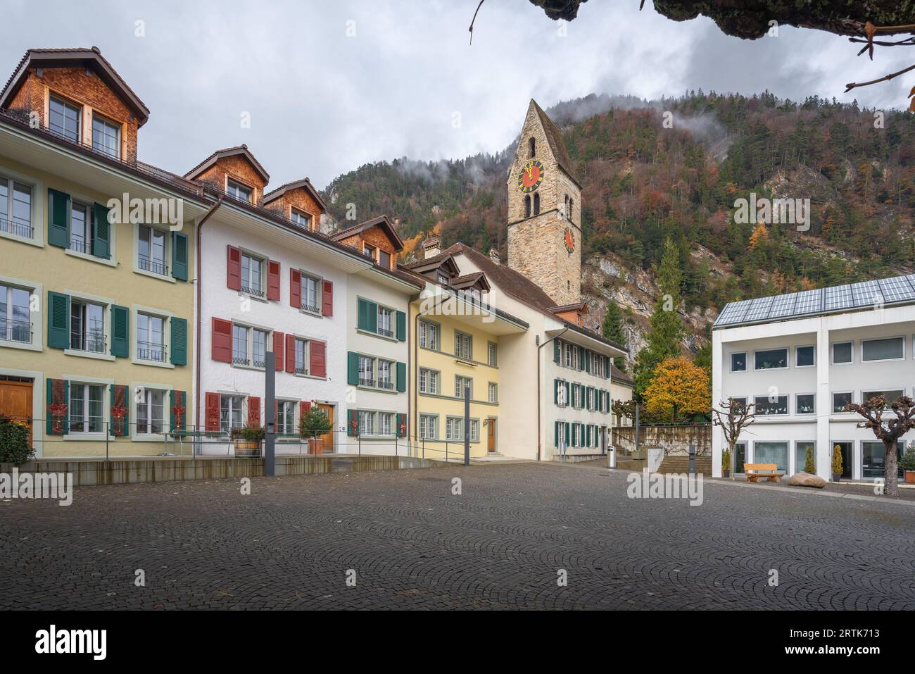 Unterseen Square with Church - Interlaken, Switzerland Stock Photo