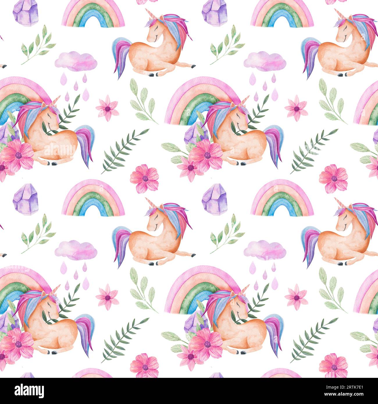 Seamless pattern with unicorn,rainbow, flowers. leaves, cloud with raindrops. Watercolor ...