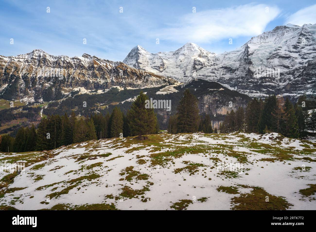 Tschuggen, Eiger and Monch and Jungfrau Mountains at Swiss Alps - Lauterbrunnen, Switzerland Stock Photo