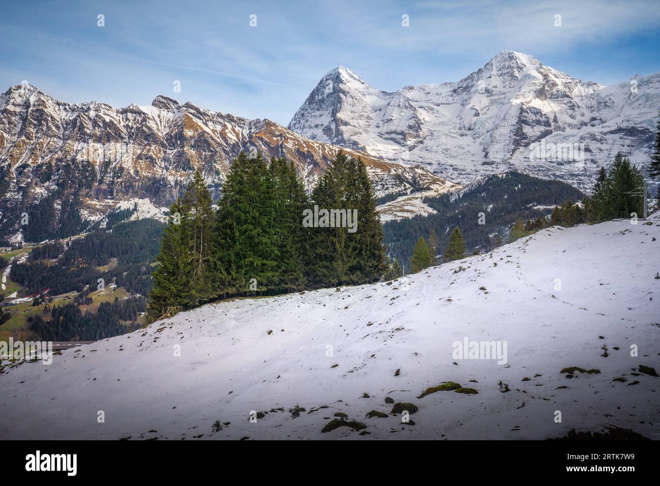 Tschuggen, Eiger and Monch Mountains at Swiss Alps - Lauterbrunnen, Switzerland Stock Photo