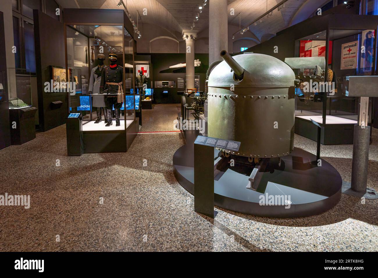 War Exhibition with Rapid-fire Cannon of Gotthard Fortress at Swiss National Museum - Zurich, Switzerland Stock Photo
