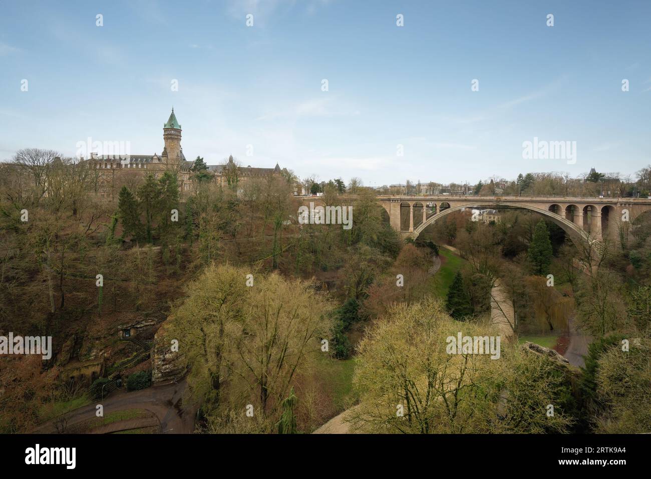 Adolphe Bridge and Luxembourg State Savings Bank Tower - Luxembourg City, Luxembourg Stock Photo