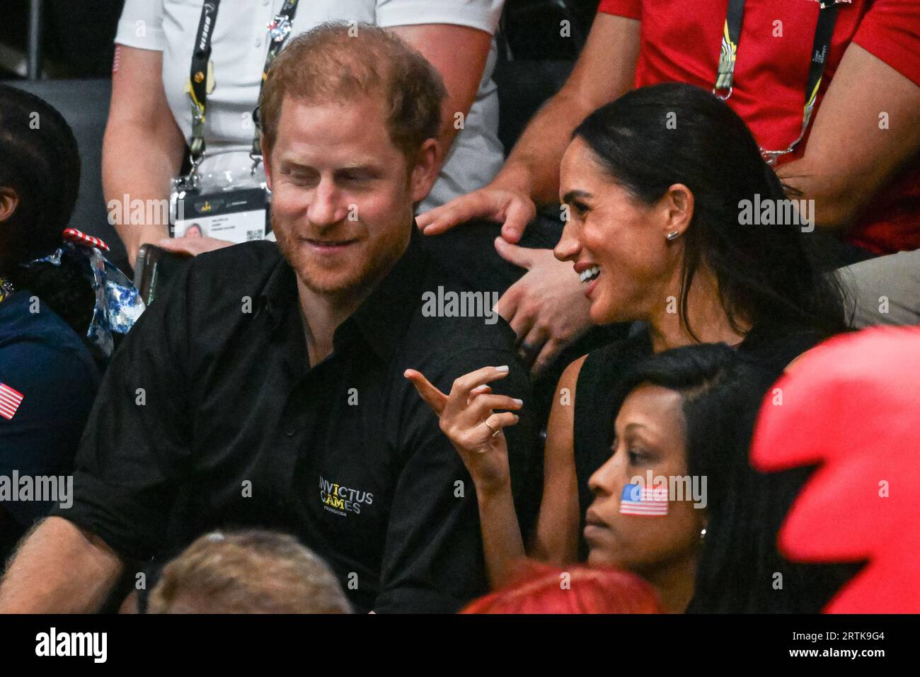 Düsseldorf, Germany. 13th Sep, 2023. Meghan, the Duchess of Sussex and Prince Harry, the Duke of Sussex watch the wheelchair basketball final game between Team USA and Team France (USA win) and later hand team USA their gold medals. Day 4 of the Invictus Games Düsseldorf in and around the Merkur Spiel Arena. 21 nations participate in the games this year. Credit: Imageplotter/Alamy Live News Stock Photo