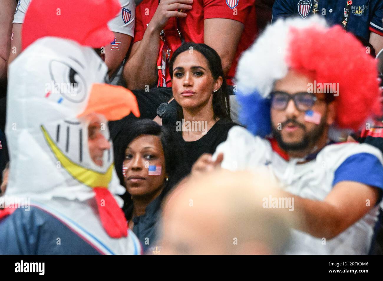 Düsseldorf, Germany. 13th Sep, 2023. Meghan, the Duchess of Sussex and Prince Harry, the Duke of Sussex watch the wheelchair basketball final game between Team USA and Team France (USA win) and later hand team USA their gold medals. Day 4 of the Invictus Games Düsseldorf in and around the Merkur Spiel Arena. 21 nations participate in the games this year. Credit: Imageplotter/Alamy Live News Stock Photo