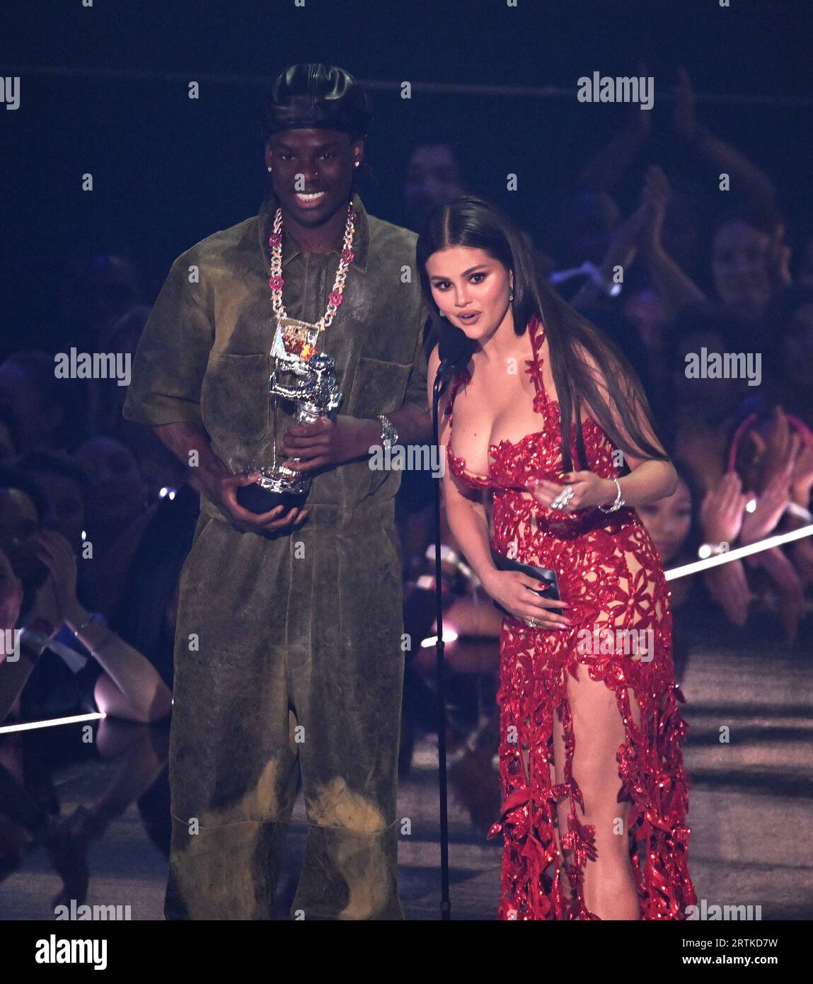 Newark, USA. 12th Sep, 2023. Rema, Selena Gomez accept the Best Afrobeats award for 'Calm Down' onstage, presented by Tiffany Haddish at the 2023 MTV Video Music Awards on September 12, 2023 in Newark, New Jersey. PhotoL Jeremy Smith/imageSPACE Credit: Imagespace/Alamy Live News Stock Photo
