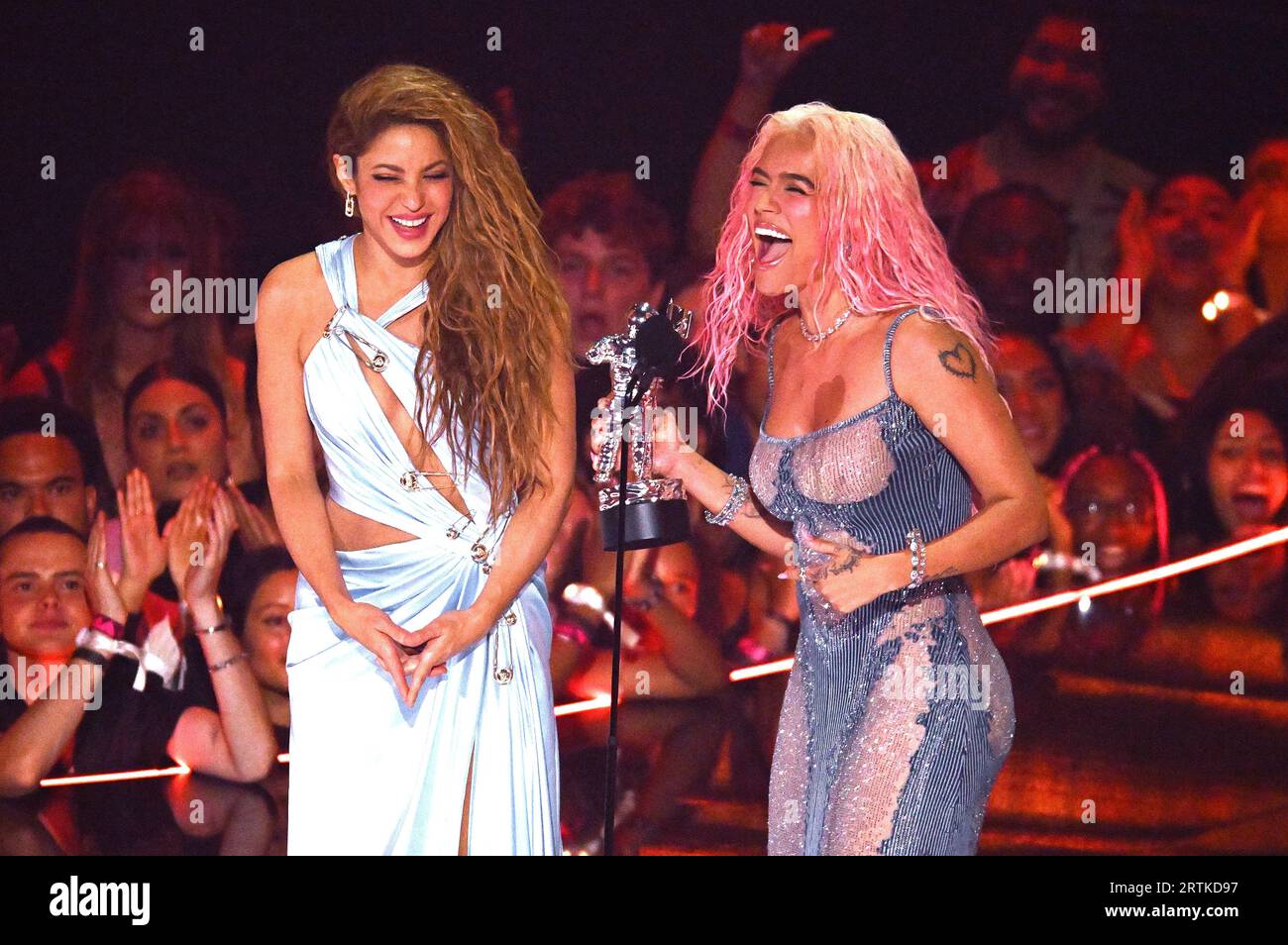 Newark, USA. 12th Sep, 2023. Shakira and Karol G accept the Best Collaboration award for 'TQG' onstage at the 2023 MTV Video Music Awards on September 12, 2023 in Newark, New Jersey. Photo: Jeremy Smith/imageSPACE Credit: Imagespace/Alamy Live News Stock Photo