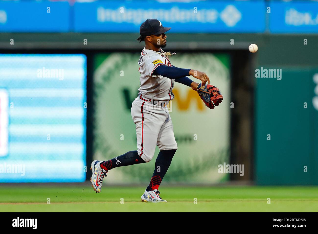 National League's Ozzie Albies, of the Atlanta Braves, throws