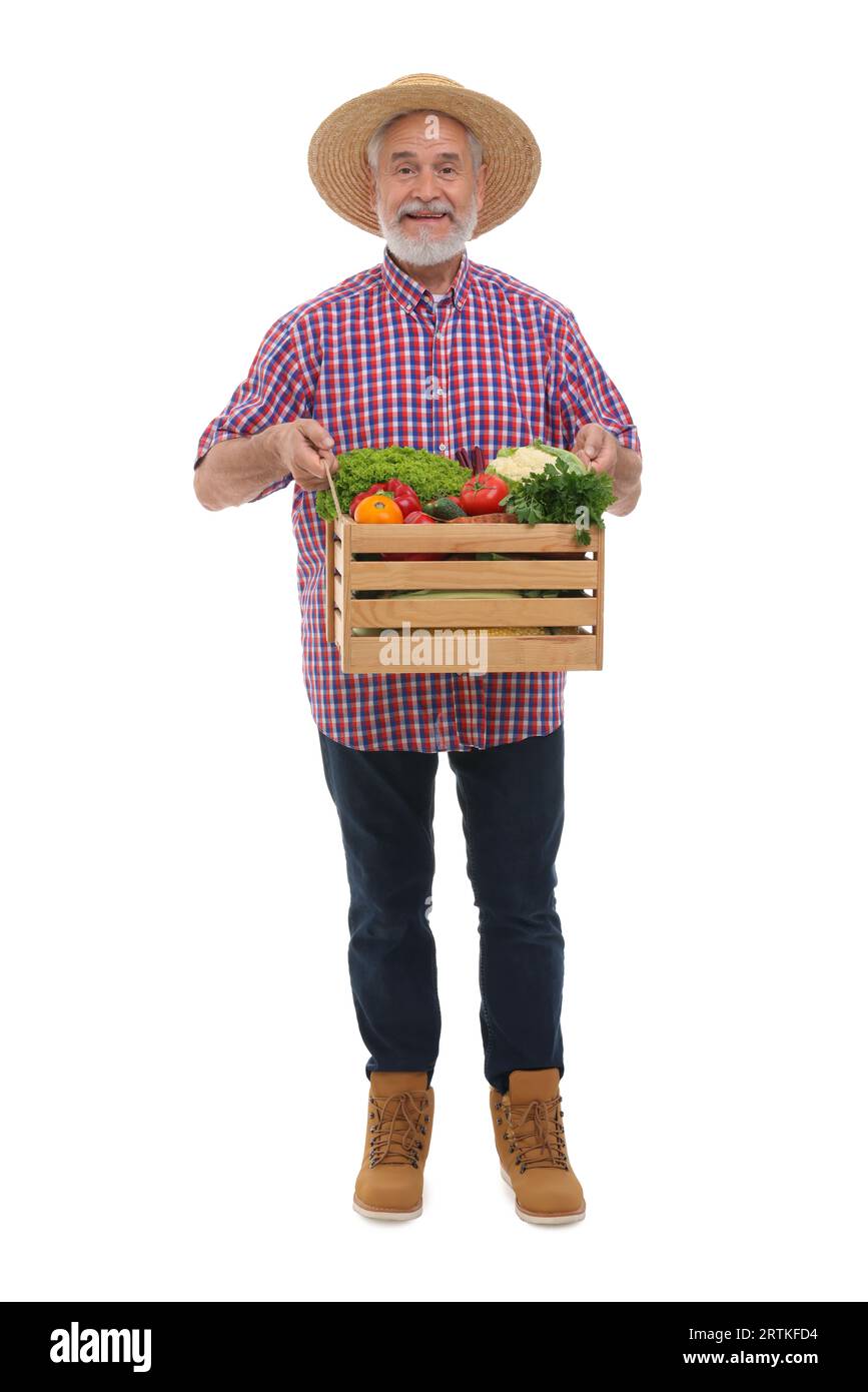 Harvesting season. Happy farmer holding wooden crate with vegetables on ...