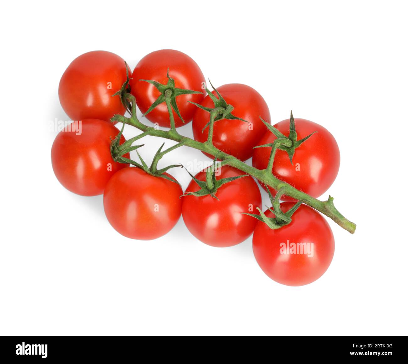 Branch of red ripe cherry tomatoes isolated on white, top view Stock ...