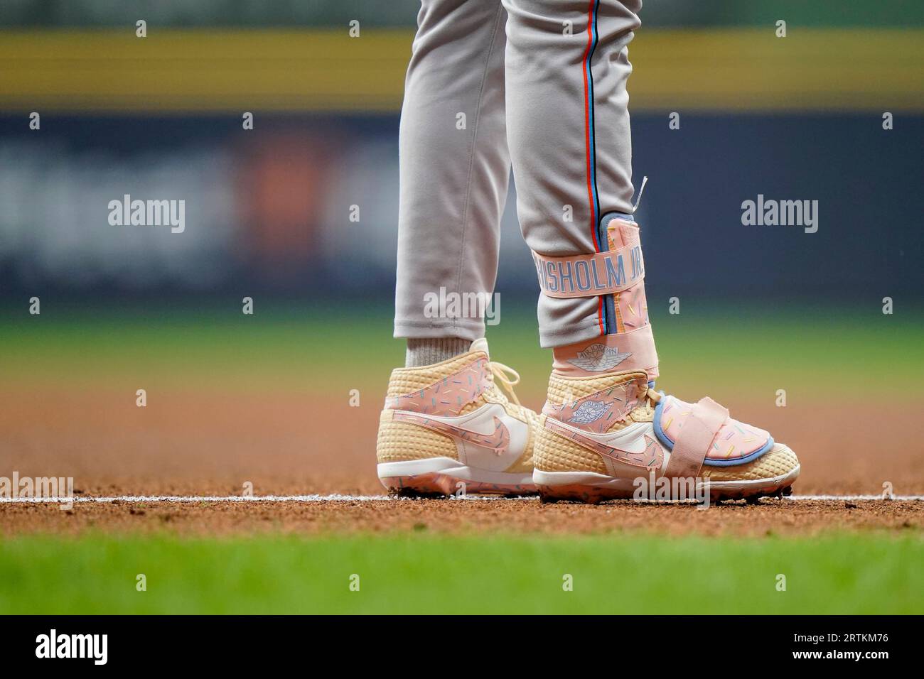 The cleats of Miami Marlins' Jazz Chisholm Jr. are seen during the fourth  inning of the team's baseball game against the Milwaukee Brewers on  Wednesday, Sept. 13, 2023, in Milwaukee. (AP Photo/Aaron