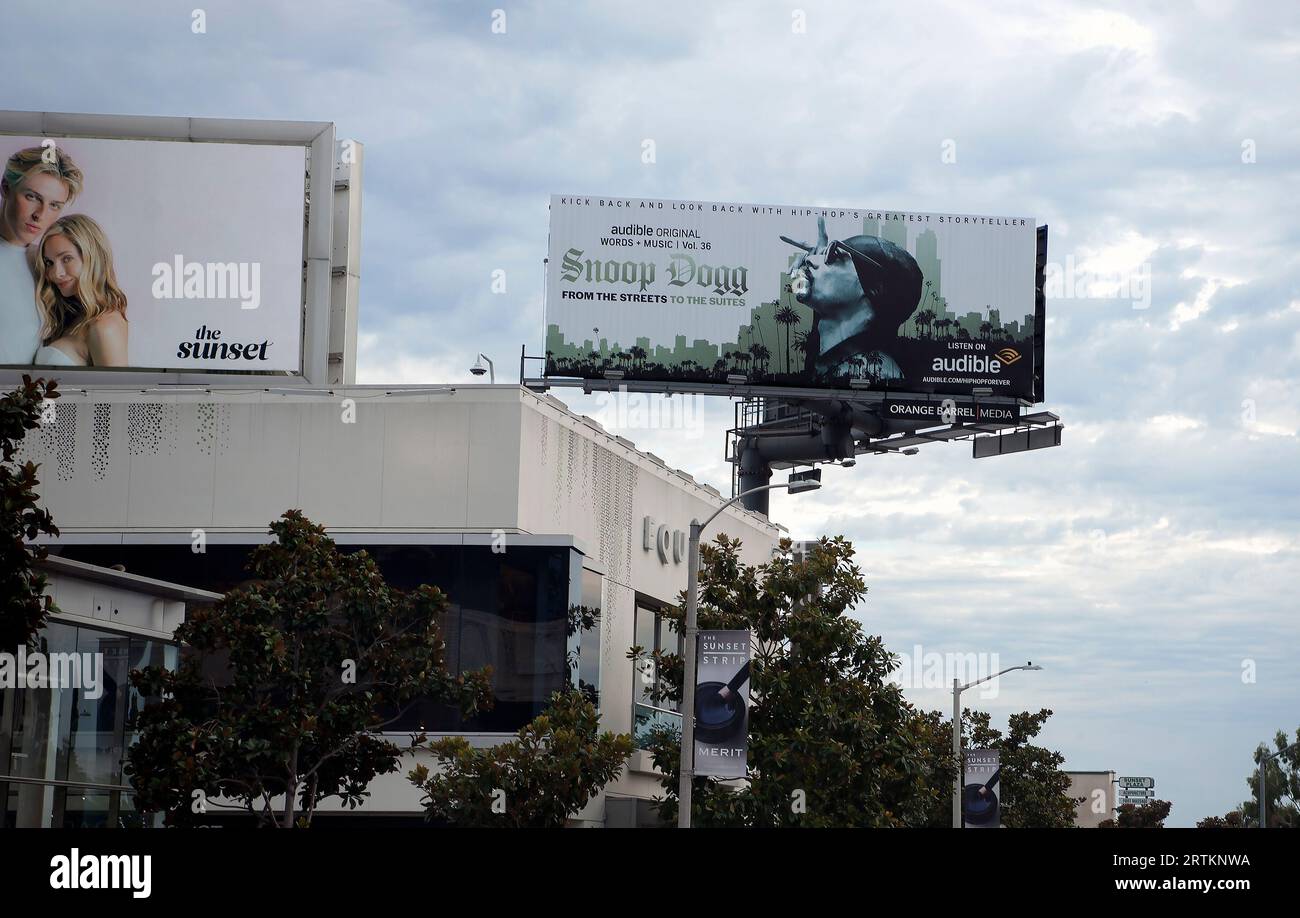 Snoop Dog and other billboards on the Sunset Strip, West Hollywood, Los Angeles, California, USA Stock Photo