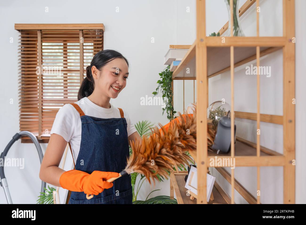 Asian woman cleaning in living room at home. Young woman housekeeper ...