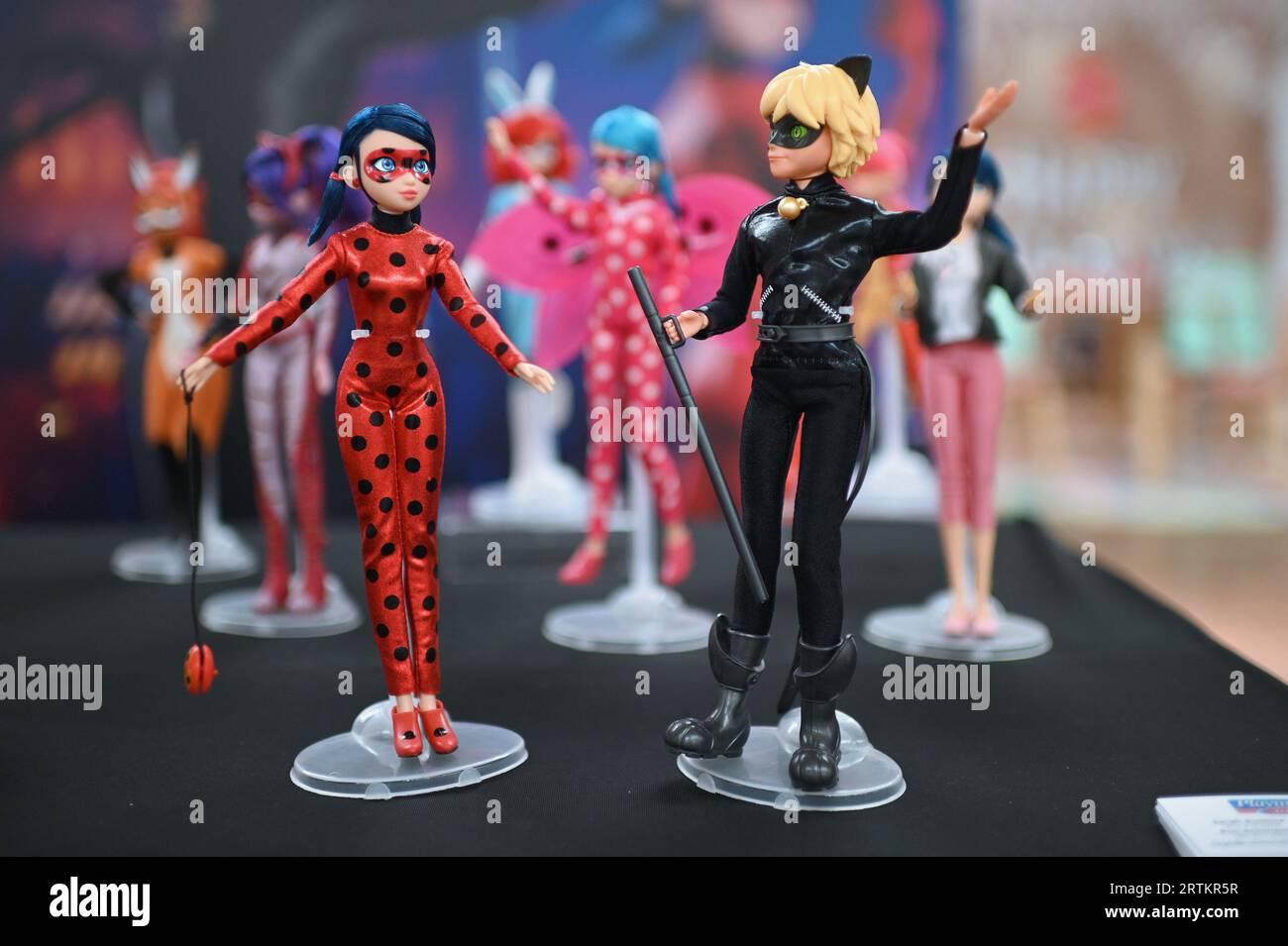 New York, USA. 13th Sep, 2023. Playmate figurines of ‘Miraculous: tales of Ladybug and Cat Noire' on display at the TTPM (Toy, Tots, Pets & More) holiday exhibition held at the Metropolitan Pavilion, New York, NY, September 13, 2023. The exhibition displays toys for interactive play from both large and smaller toy manufactures. (Photo by Anthony Behar/Sipa USA) Credit: Sipa USA/Alamy Live News Stock Photo