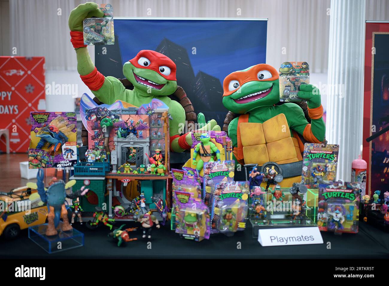 New York, USA. 13th Sep, 2023. Two of the four ‘Mutant Ninja Turtles' work a display of their themed toys at the TTPM (Toy, Tots, Pets & More) holiday exhibition held at the Metropolitan Pavilion, New York, NY, September 13, 2023. The exhibition displays toys for interactive play from both large and smaller toy manufactures. (Photo by Anthony Behar/Sipa USA) Credit: Sipa USA/Alamy Live News Stock Photo