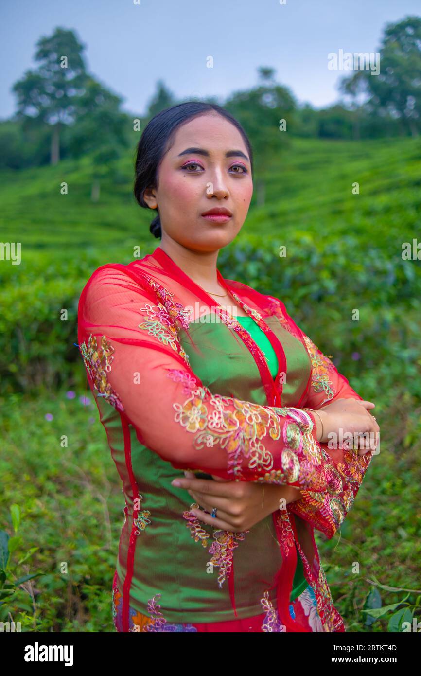 an Asian woman standing and posing among the tea leaves during the day Stock Photo