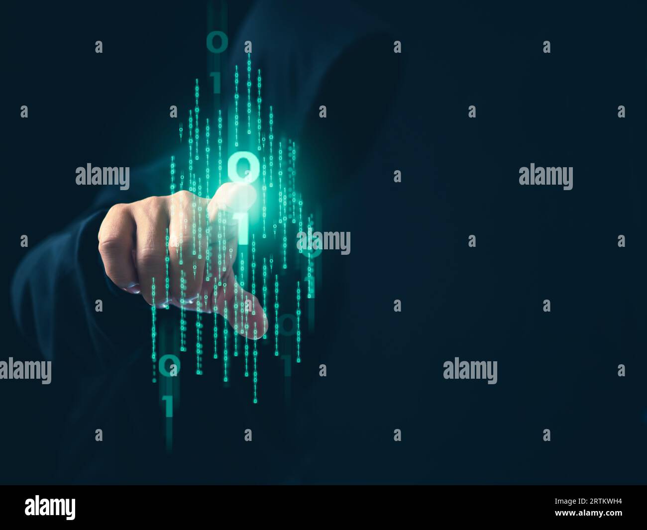 Hacker is pointing his finger at a group of zeros on a dark background. Concept of information security in internet networks and espionage. Stock Photo