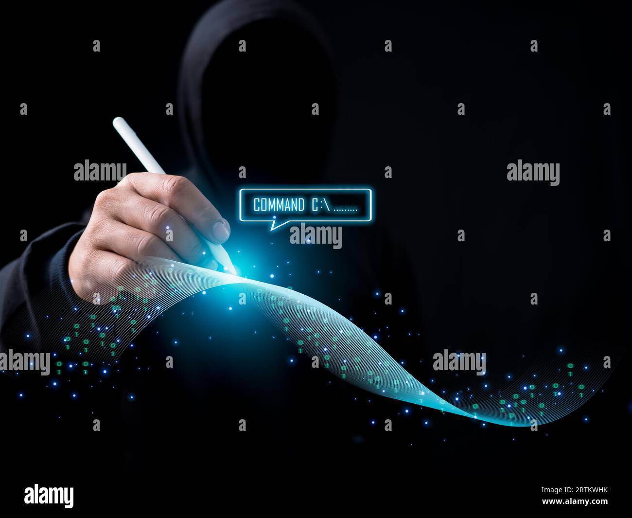 Hacker is pointing a pen at a group of zeros on a dark background. Concept of information security in internet networks and espionage. Network espiona Stock Photo