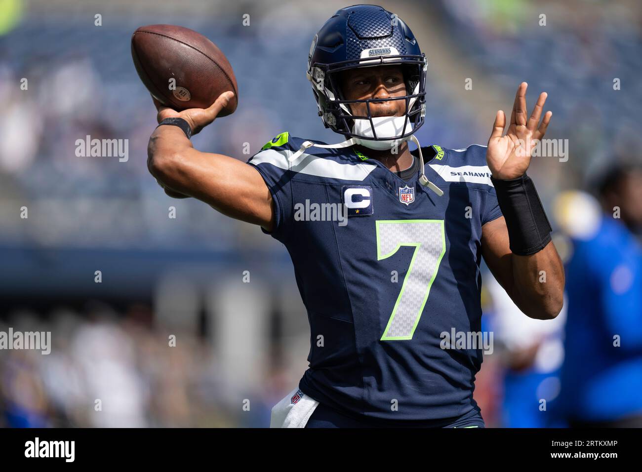 Seattle Seahawks quarterback Geno Smith (7) passes the ball before an NFL  football game against the Los Angeles Rams, Sunday, Sept. 10, 2023 in  Seattle. The Rams won 30-13. (AP Photo/Ben VanHouten