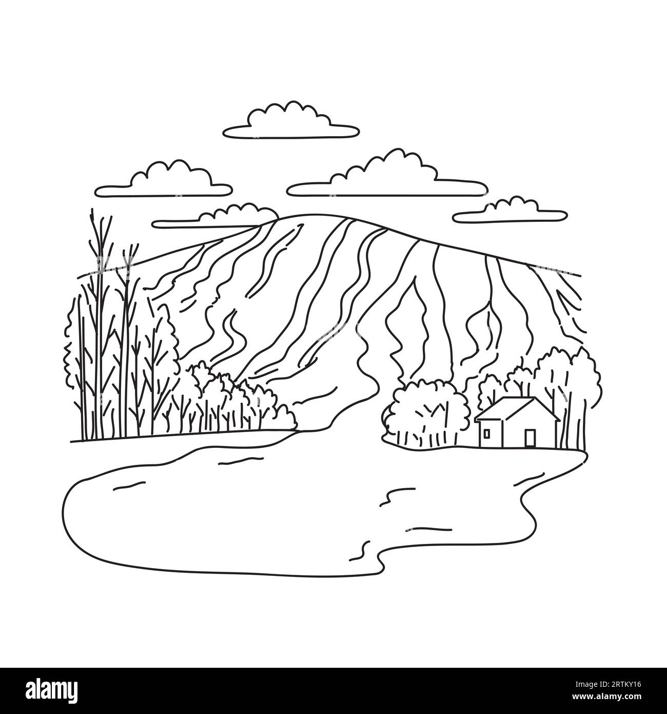 Mono line illustration of Sugarloaf Mountain ski area in Carrabassett Valley, western Maine, USA done in monoline line black and white art style. Stock Photo