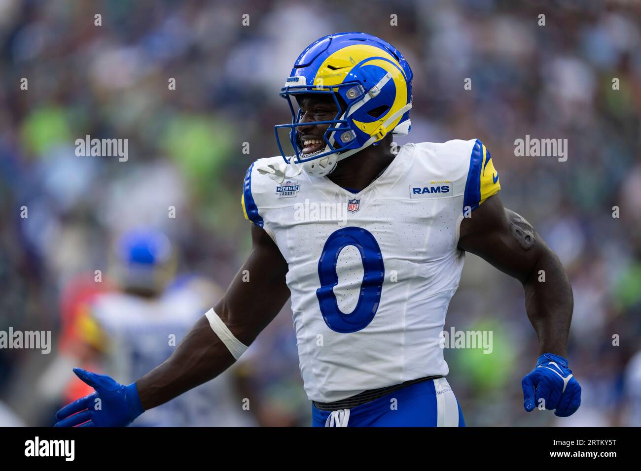 Los Angeles Rams linebacker Byron Young (0) celebrates during an